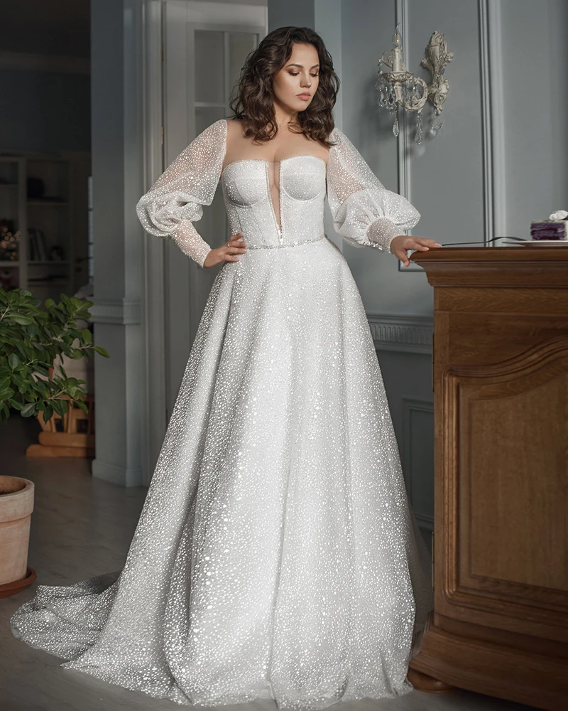 

Hochzeitskleid Long Sleeve A-line Wedding Dress Shining Robe De Mariee Sexy Abito Da Sposa Plus Size Vestidos De Noiva