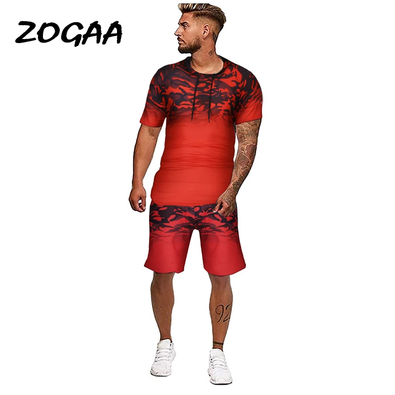 

ZOGAA Sets Men New Men's Summer Sports Suit Short Sleeve Printing Casual Hooded Sweatsuit Tracksuit Outfit Oversized Chic Trendy