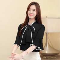 2021 new korean pure womens top fashionable loose thin solid color bow short sleeve ruffle chiffon shirt b052