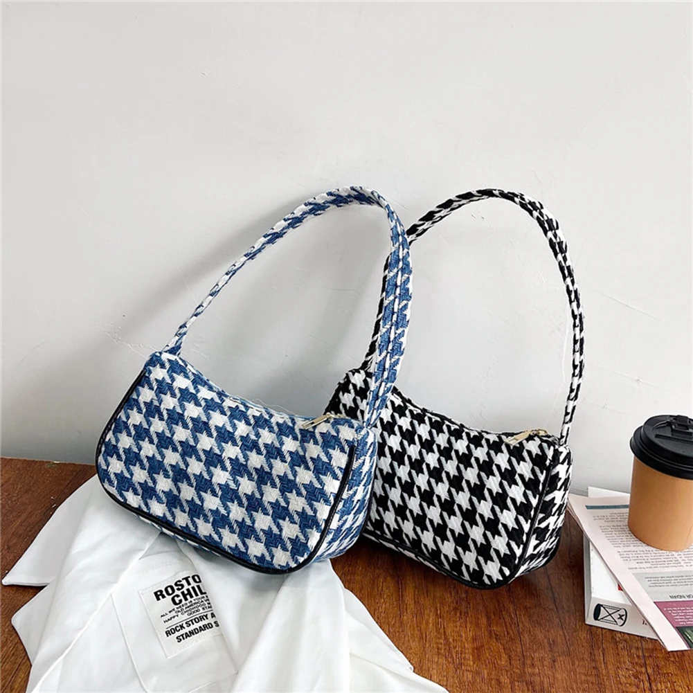 

2021 Hot Vintage Ladies Handbags Retro PU Leather Plush Houndstooth Printed Underarm Bag Casual Women Small Purse