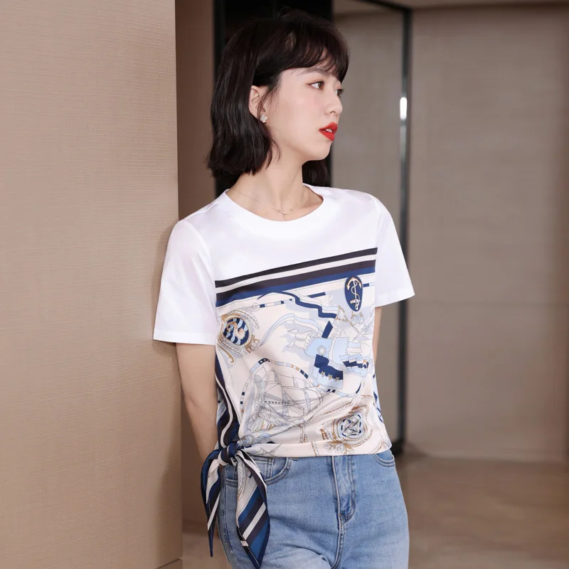

New Fashion Summer White Short-sleeved T-shirt Women Pure Cotton Short-sleeved Round Neck Printing All-match Pullover Top GL215