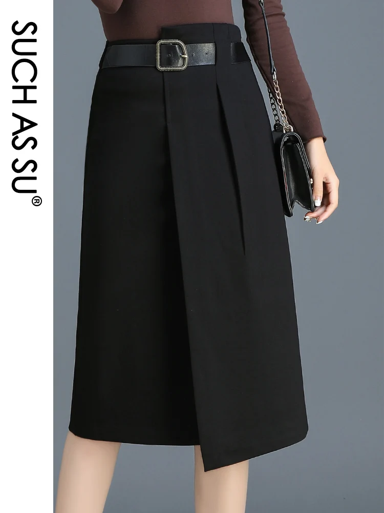 Женская Трикотажная асимметричная юбка черная средней длины с полуэластичной