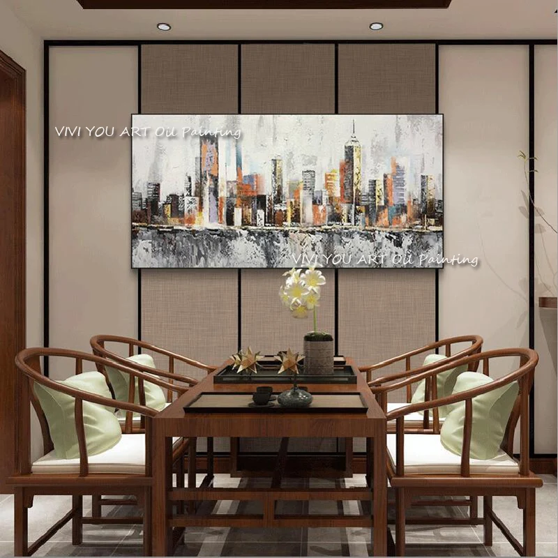 

High Quality Busy City View Brown Building Wall Art Canvas Handpainted Cuadro Modern Abstract Painting Wall Pictures Living Room