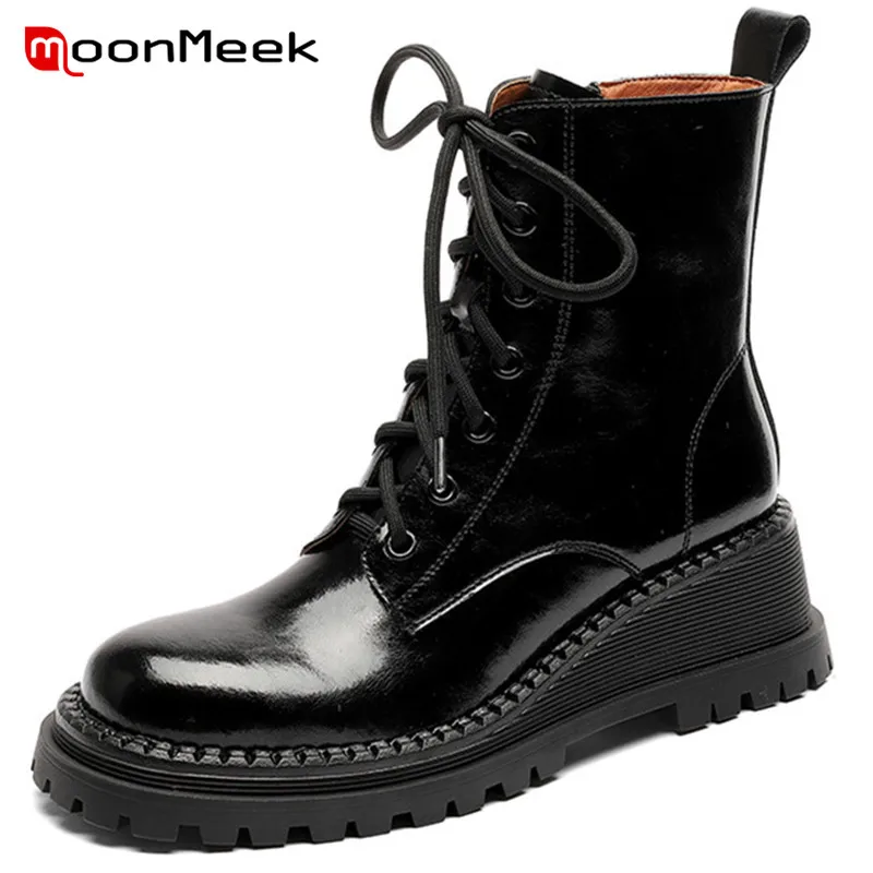 

MoonMeek 2022 New Arrive Wedges Shoes Women Ankle Boots Cross Tied Zip Autumn Winter Vintage Genuine Leather Boots Female