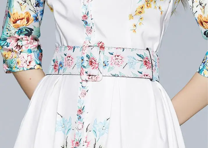 

Women's runway fashion spring summer flower print turn down collar dress female high waist belt vintage A-Line dress TB634