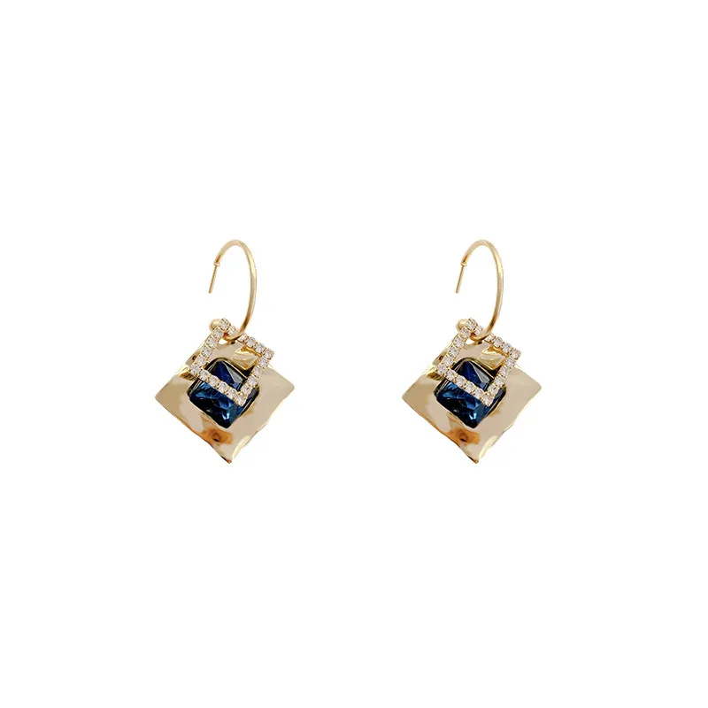 

MOFLO 18k Gold Plated Rhinestone Square Circle Stud Earrings Blue Crystal Metal Square Drop Earrings