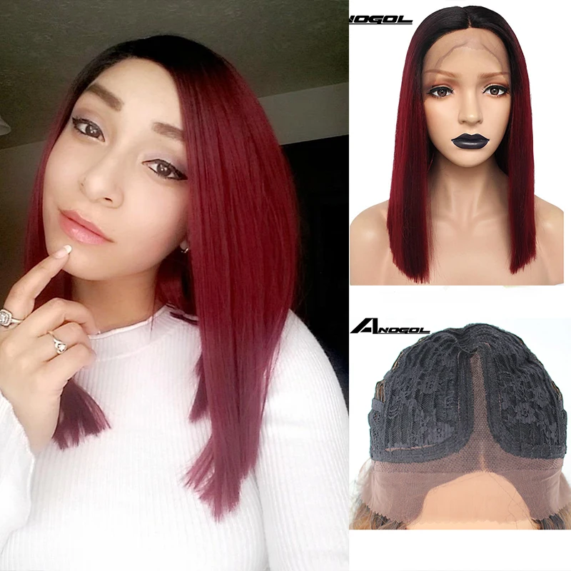 Anogol темные корни Омбре винно красный Синтетические кружевные передние парики