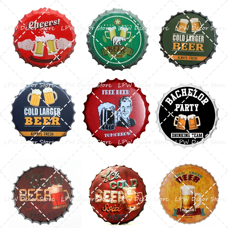 

Beer Bottle Cap Retro Plaque Metal Tin Signs Cafe Bar Pub Signboard Style Wall Decor Vintage Nostalgia Round Plates Art Poster