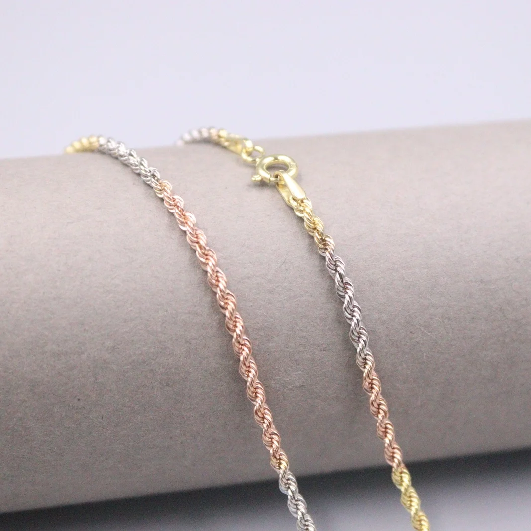 

Au750 Real 18K Multi-tone Gold Chain Neckalce For Women Female 2.0mm Rope Chain Link Choker Gold Necklace 18''L Gift