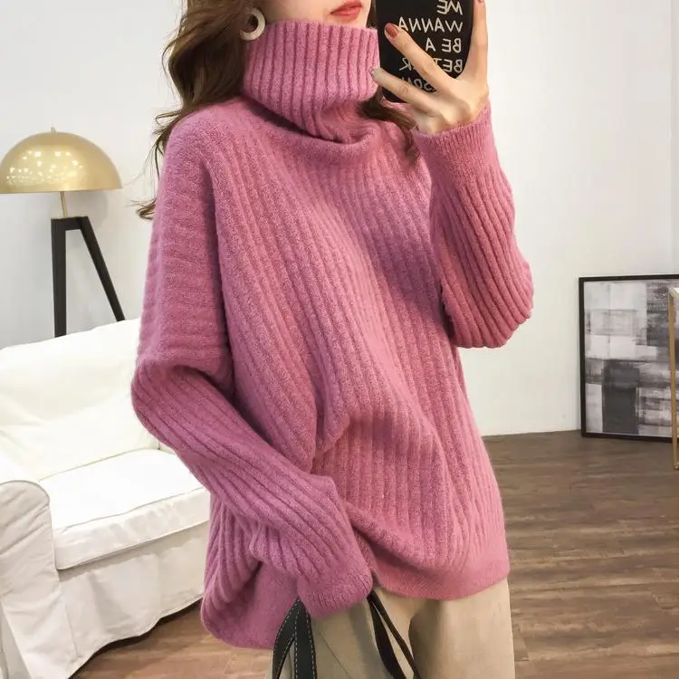

Knitting Pullover Korean Chic Casual Stretch Solid Sweaters New Vintage Pink Knitted Sweater Turtleneck Autumn Winter