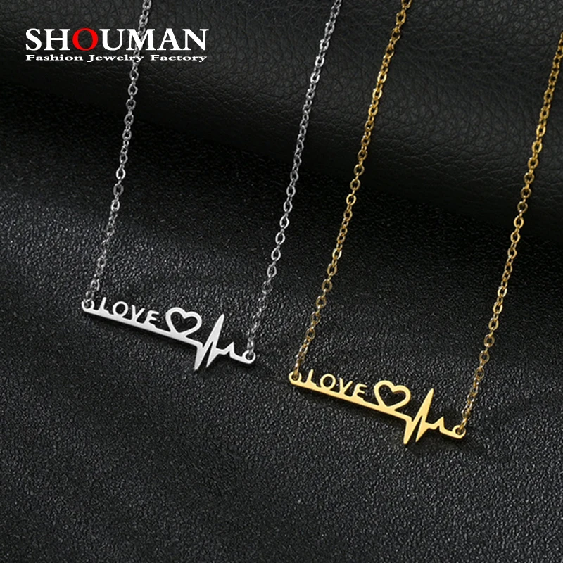 

SHOUMAN Stainless Steel Heart Love Letter Heartbeat Necklaces High Polished Gold Color for Momen Girl Party Jewelry
