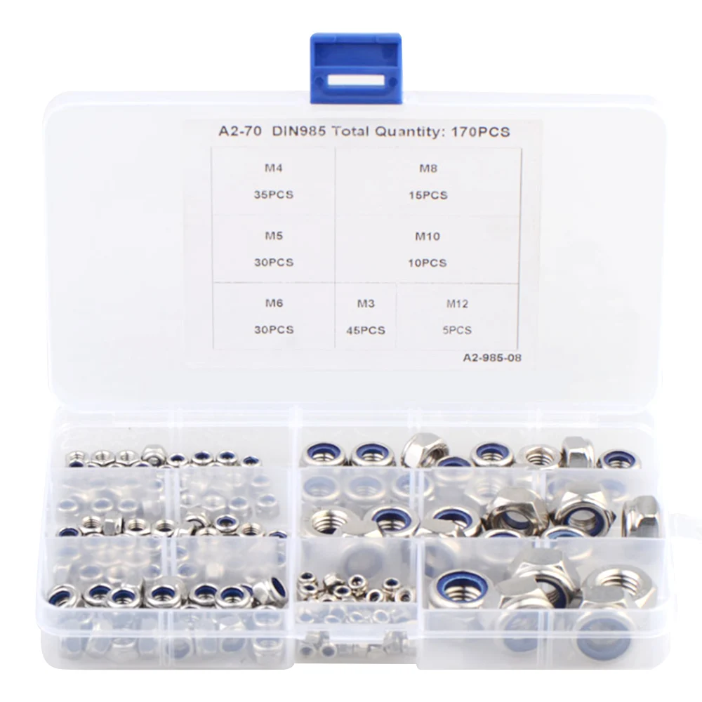 

170PCS M3 M4 M5 M6 M8 M10 M12 304 Stainless Steel Hexagon Nylon Lock Nuts Set Furniture Bolts Kit