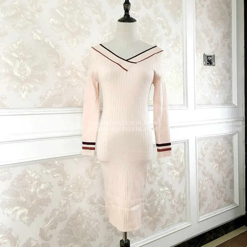 Autumn V-Neck Stitching Striped Knit Slim Solid Mini Bodycon Sexy Sweater Dress | Женская одежда