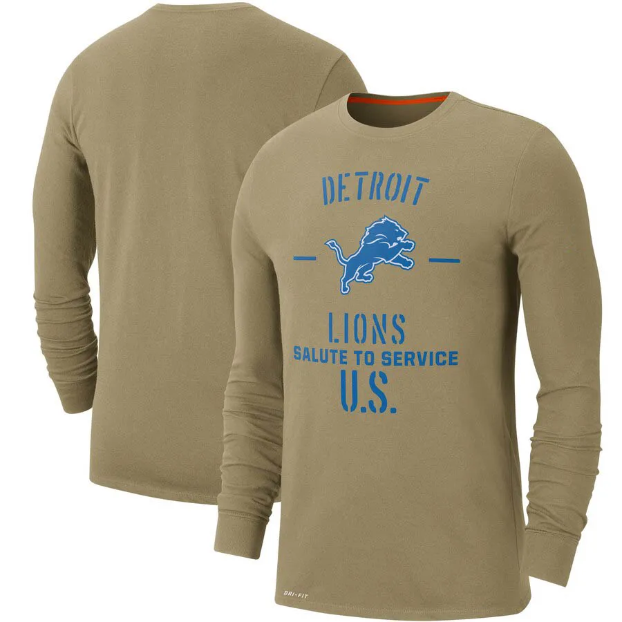 

Detroit Men Brand T-shirt Olive football Lions Salute to Service Sideline Performance Long Sleeve Sweatshirt Tops Tees Tan