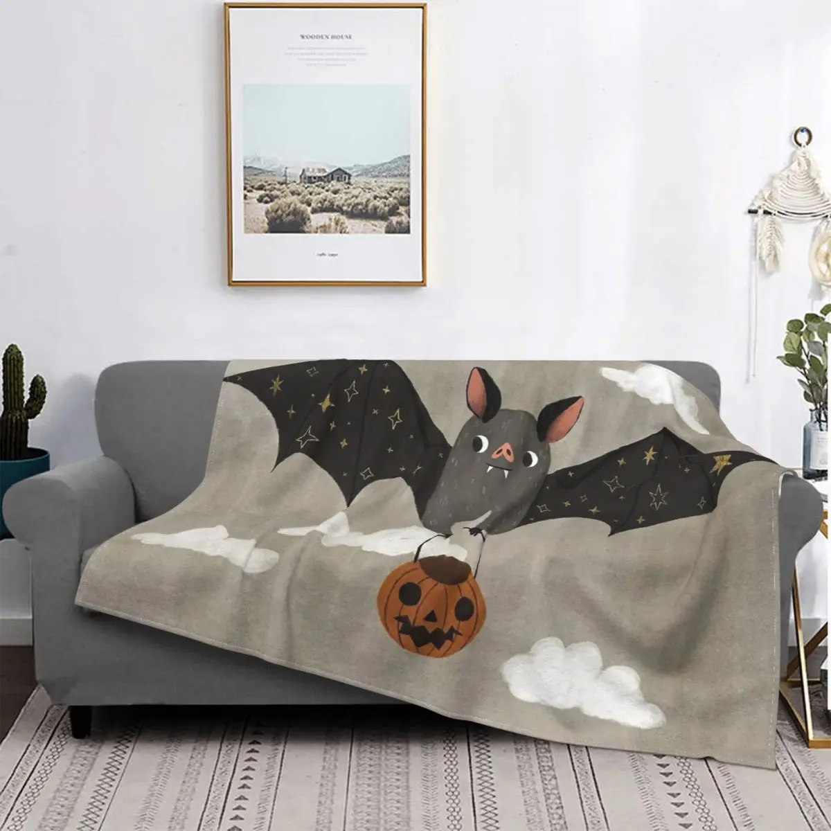 

Bat Pattern Blanket Fleece Textile Decor Flying Vampire Multifunction Super Warm Throw Blankets for Home Travel Plush Thin Quilt