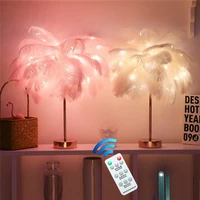 remote control feather table lamp bedroom decor diy creative warm light aa battery power usb wedding home tree feather lampshade