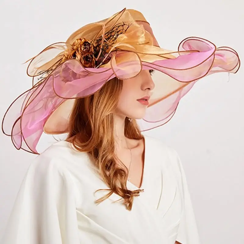 

Womens Kentucky Tea Party Church Hat Contrast Color Ruffles Artificial Rose Floral Wide Brim Wedding Fascinator Cap