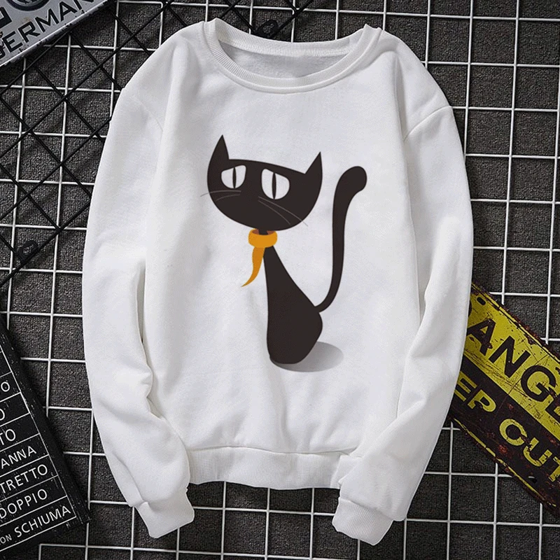 Модная Толстовка для женщин новинка 2019 года Осенний каваи черный худи с кошкой