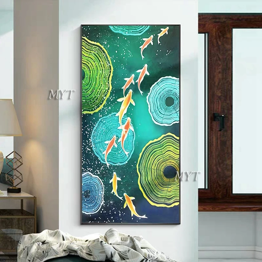 Настенное украшение для отеля ручная роспись золотые рыбы картина на стену