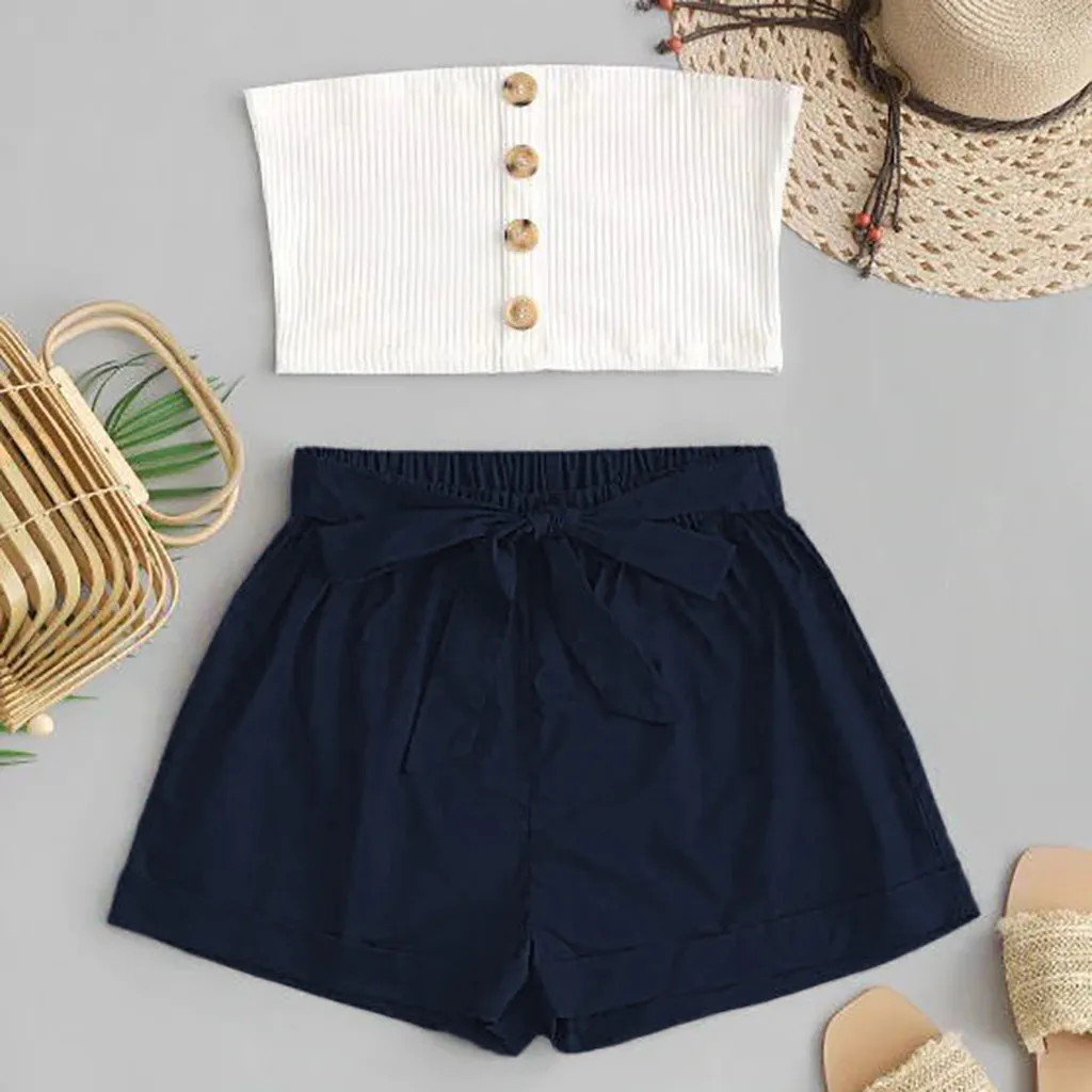 2020 Sexy Off Shoulder Two Piece Set Solid Button Bodycon 2 Women bra top Tube Crop Tops And Shorts Summer Sets |