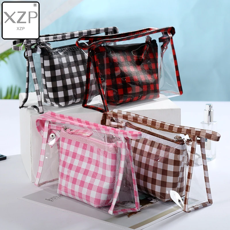XZP прозрачный набор женских косметических чехлов из ПВХ клетчатая дорожная