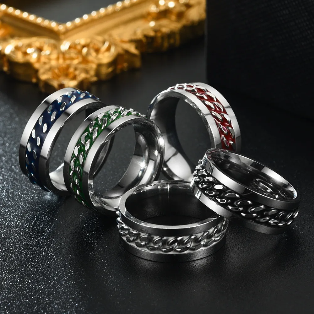 

8MM Stainless Steel 5 Color Dripping Oil Rotating Chain Ring Punk Style Personality Men's Ring Jewelry Charm Party Gift