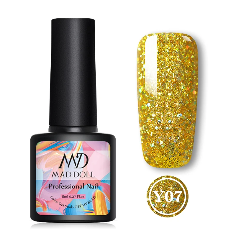 Y07 MAD DOLL, 8 мл, блестящий гель, матовый лак для ногтей, розовое золото, блестящий лак, замочить от УФ-ногтей, Гель-лак - Цвет: Y07