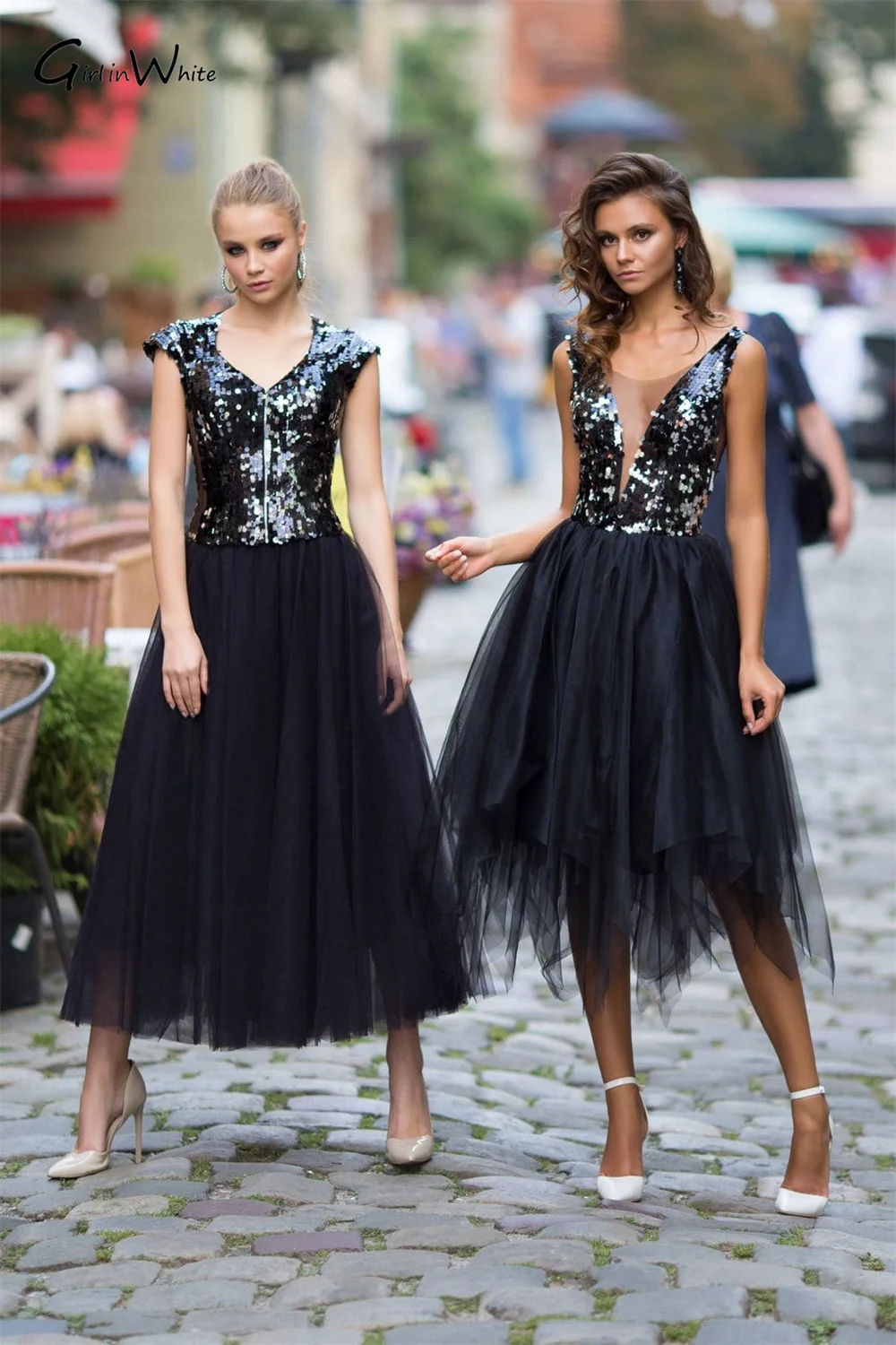 Сексуальное вечернее платье с блестками и глубоким V-образным вырезом из тюля