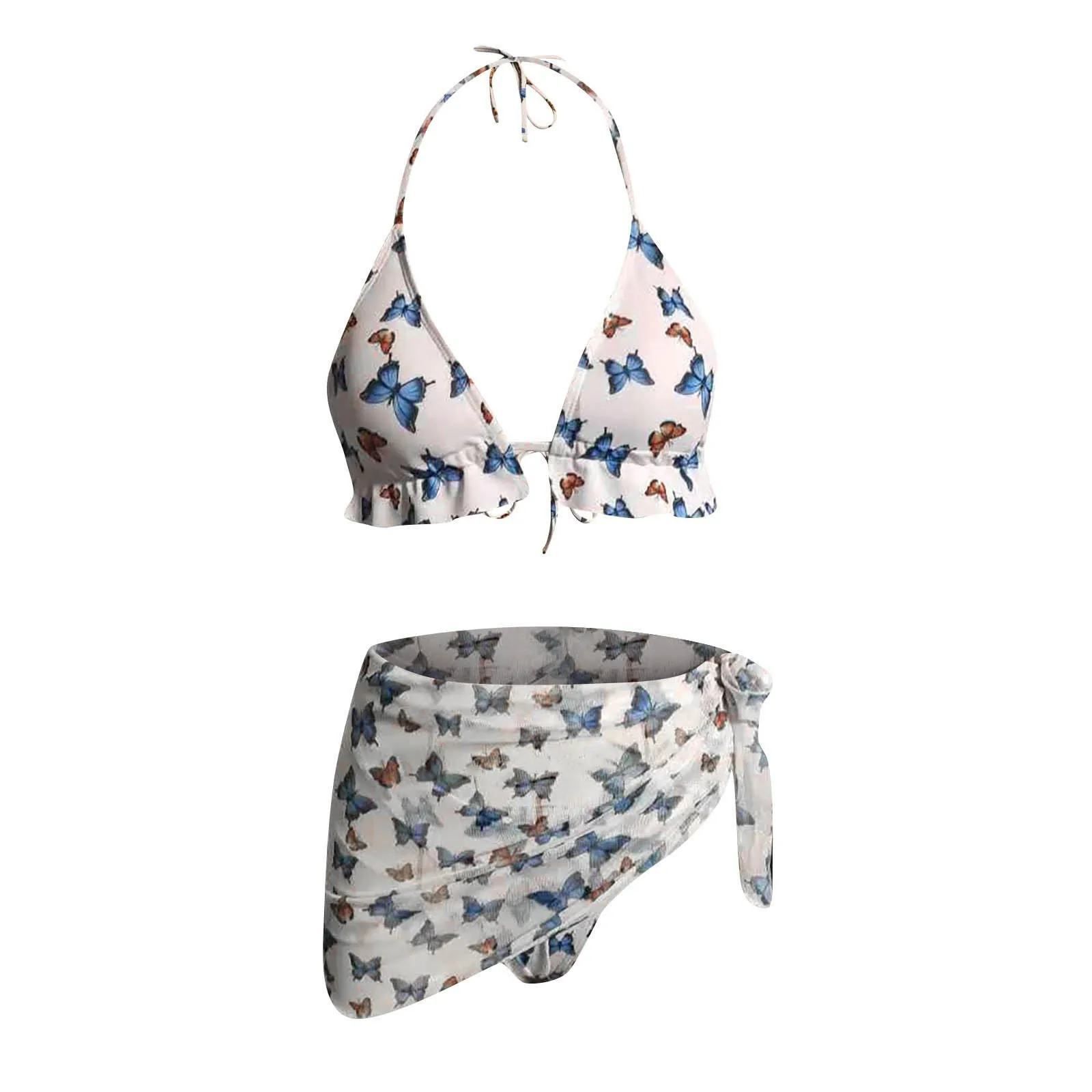 

2021 New Bikini Swimsuit Women Sexy Fashion Butterfly Print Split Sarong Three-piece Bikini Swimsuit Push Up Brazilian Biquini