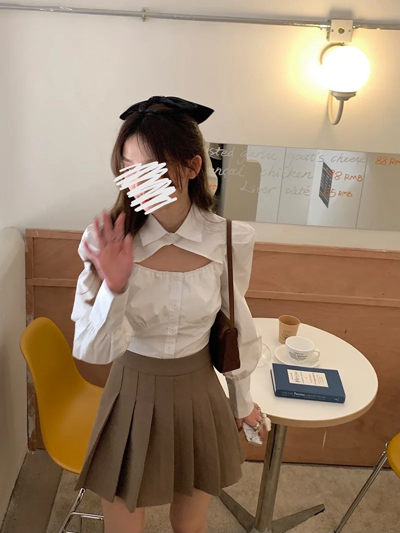 Женская рубашка с открытым воротником однобортная приталенная длинным рукавом