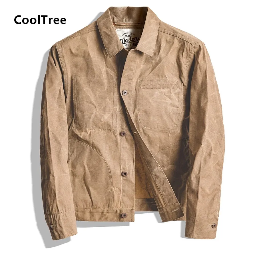 

Повседневные мужские куртки CoolTree, весенне-осенние однотонные Вощеные брезентовые ВИНТАЖНЫЕ пальто, Мужская облегающая верхняя одежда цвет...