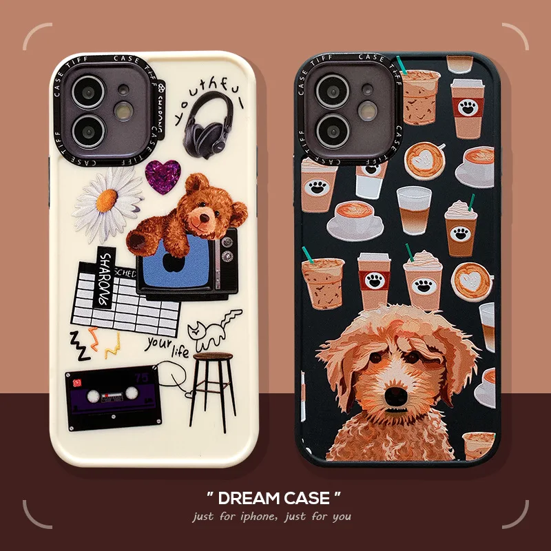 

Fashion Cute Cartoon Label Bear Dog Drink Coffee Phone Case For Iphone 11 Pro Max 12 Mini XR XS 8 X 7 Plus Soft Silicone Cover