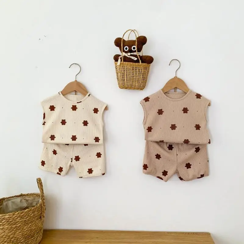 

2021 Four Seasons New Fashion Cotton Clothes Toddler Boys Casual Sleeveless Vest Girls Cute Bear Pattern Two-piece Set