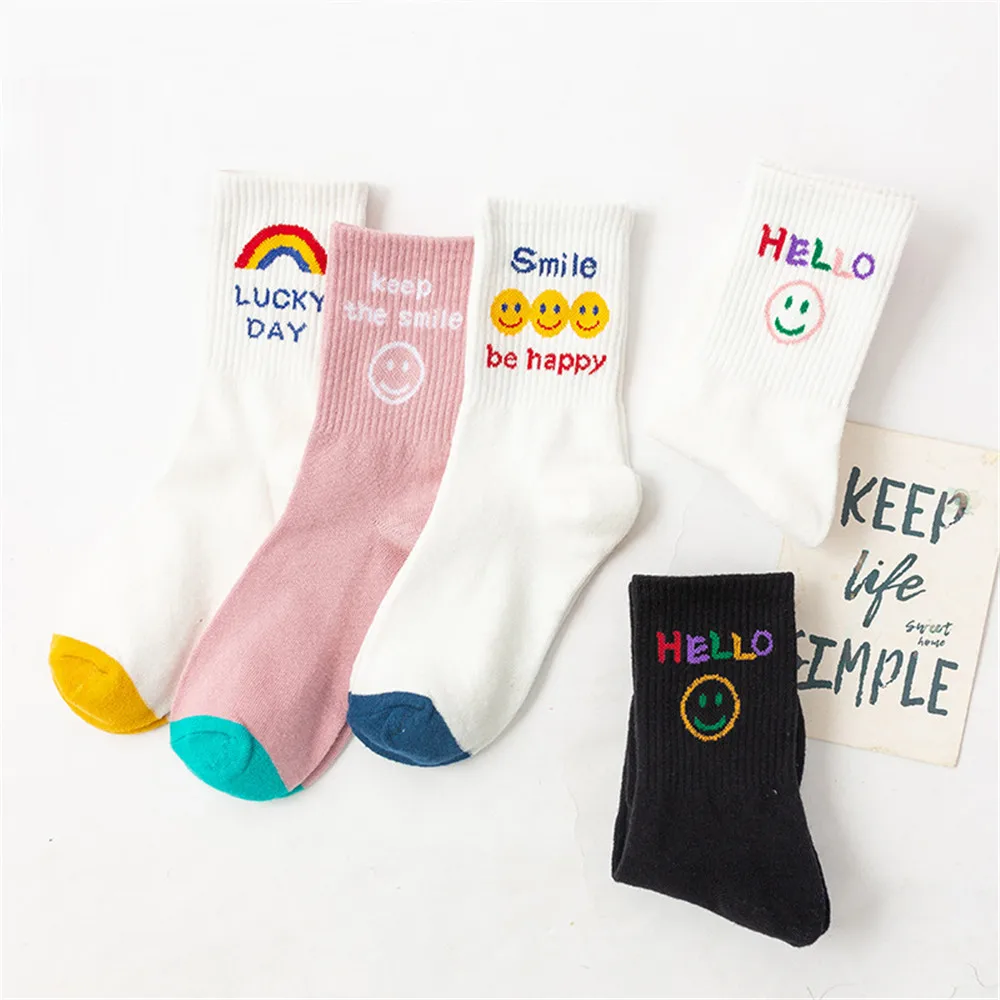 

White Black Pink Rainbow Smile Face Cotton Socks Women Girl Japanese Kawaii Autumn Spring Sox Wholesale Dropship