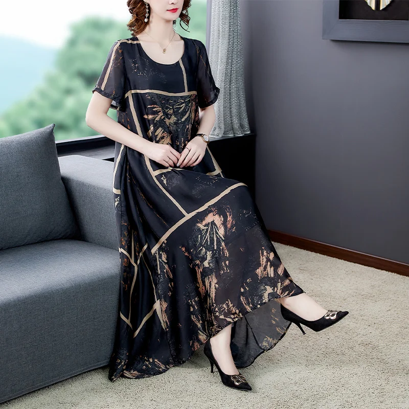 

09 европейские женские платья, летнее Новое свободное платье-трапеция в стиле ретро с принтом, модное Повседневное платье большого размера с...