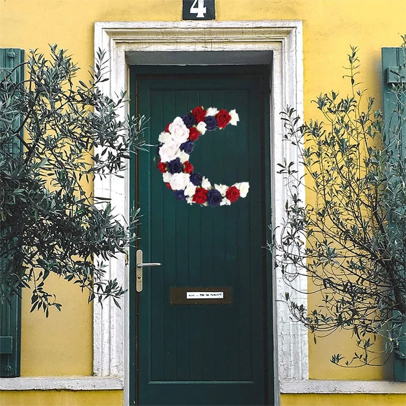 

Patriotic Wreath Independence Day Rose Flower Wreath Veterans Day Hanging Garland for Front Door Porch Ornament Home Decoration