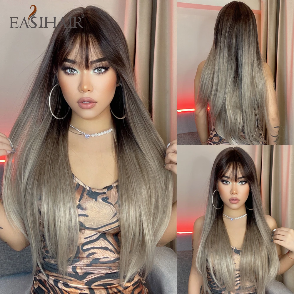 EASIHAIR Long Synthetic Straight Wigs Ombre Brown Ash Blonde Wigs with Bang for Women Cosplay Lolita Daily Party Heat Resistant