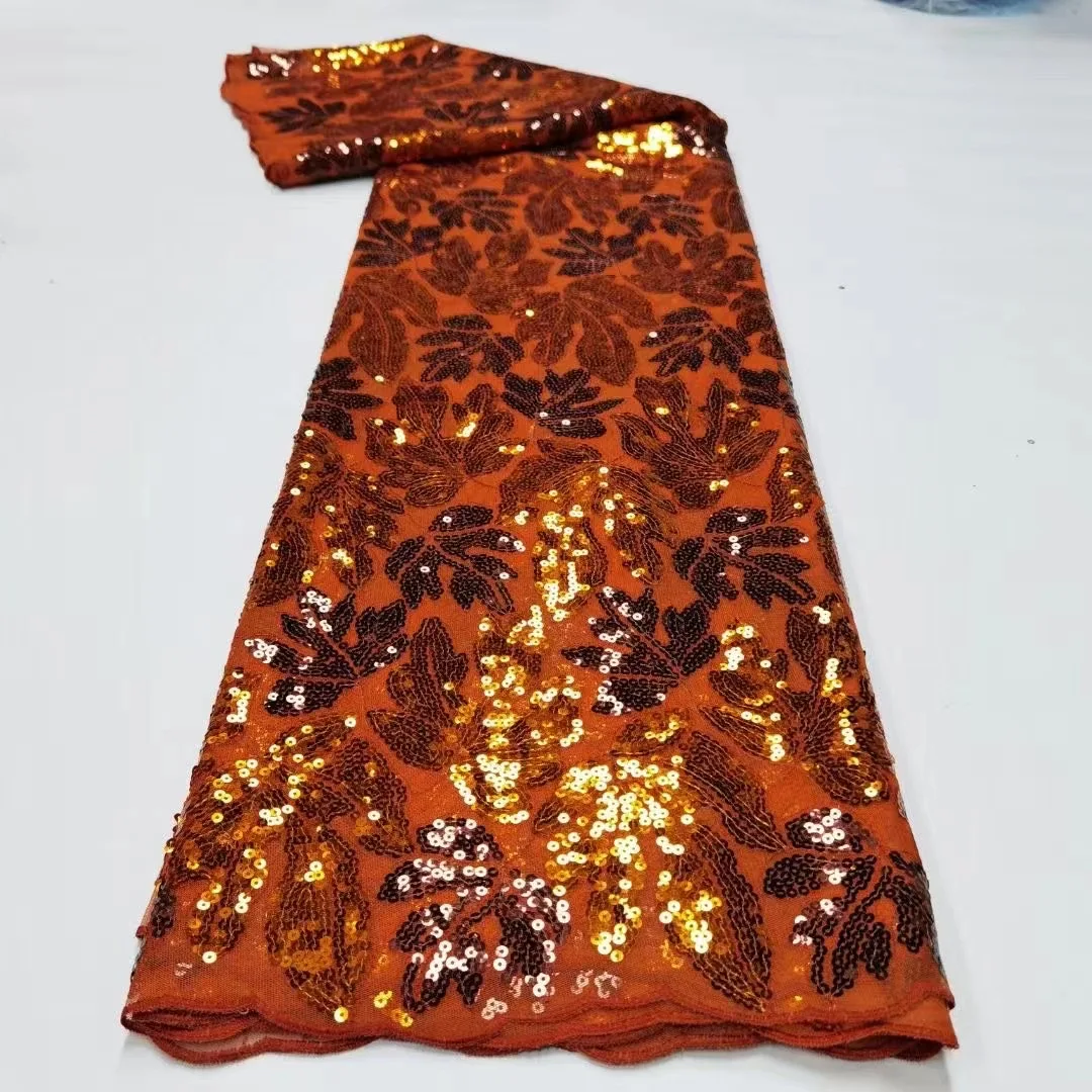 

(5yards/pc) Latest design African French net lace fabric in orange wonderful sequins embroidery Nigerian party lace FJY431
