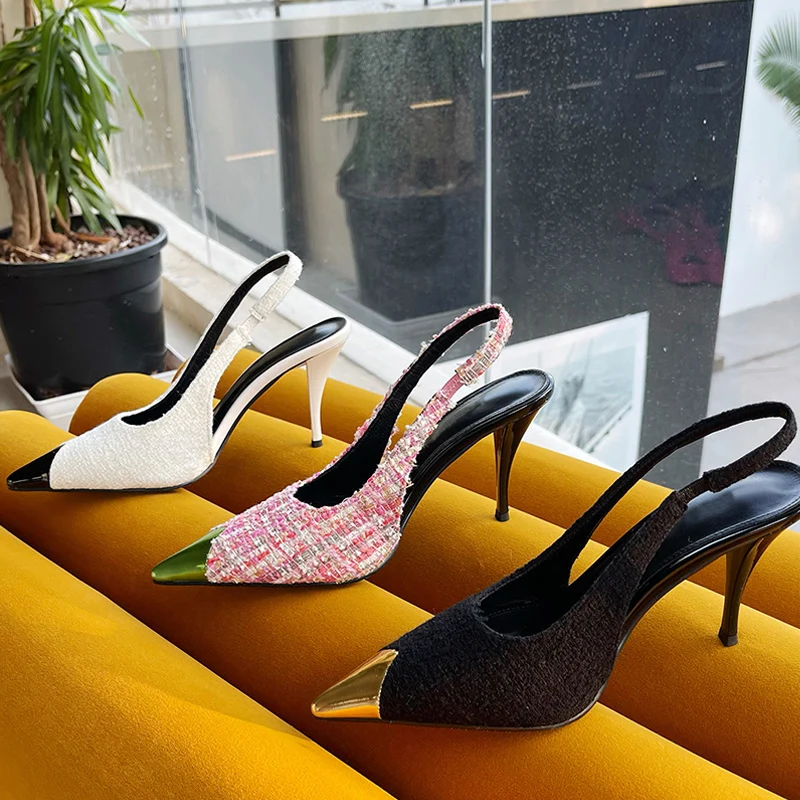 

Liyke New Brand Woman Pumps High Heels Mules Fashion Metal Pointed Toe Slip On Ankle Strap Sandals Slingbacks Shoes Black White