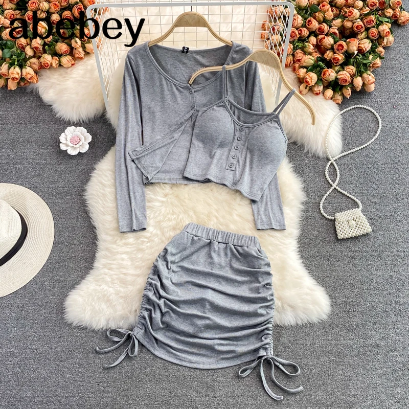 

2021 New Spring Autumn Fashion O-neck long sleeve short cardigan Top + drawstring bandage Skirt with Camisole 3-piece set