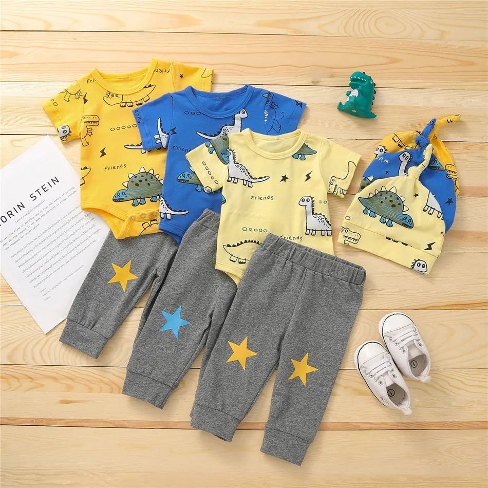 

WenaZao 3 Pieces Kids Suit Set, Dinosaur Print Short Sleeve Romper+ Trouser+ Hat for Boys Little Boys Summer Casual Cute Set
