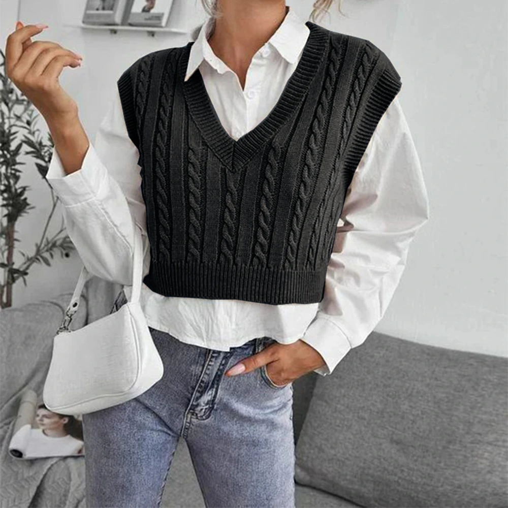 

Women's V-neck Needle Vest Pure Color Twisted College Wind Sleeveless Knit Vest