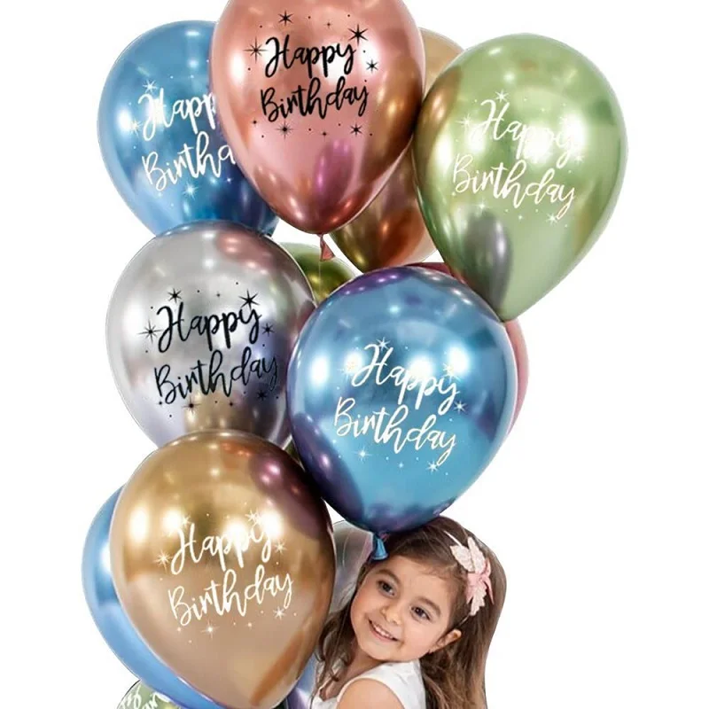 

10pcs 12inch Chrome Metallic Latex Balloons Happy Birthday Printed Ballon Helium Metal Globos Birthday Party Baby Shower Decor