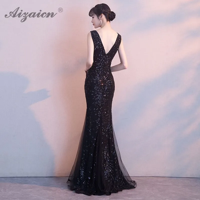 Черные вечерние платья с глубоким v-образным вырезом Qipao Promtion Cheongsam современные Вечерние платья Русалка Qi Pao женское китайское платье халат
