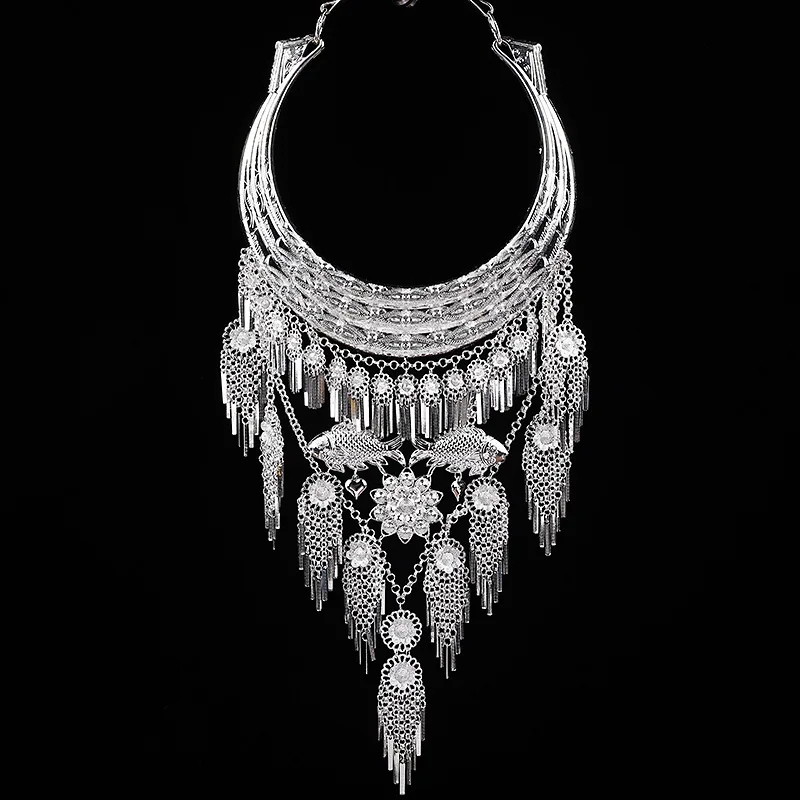 LosoDo National style exaggerated Tribal women's large collar Miao silver chest neck female jewelry show holiday gifts pusheen |