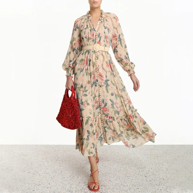 Женское платье с цветочным принтом V образным вырезом и длинным рукавом|Женские