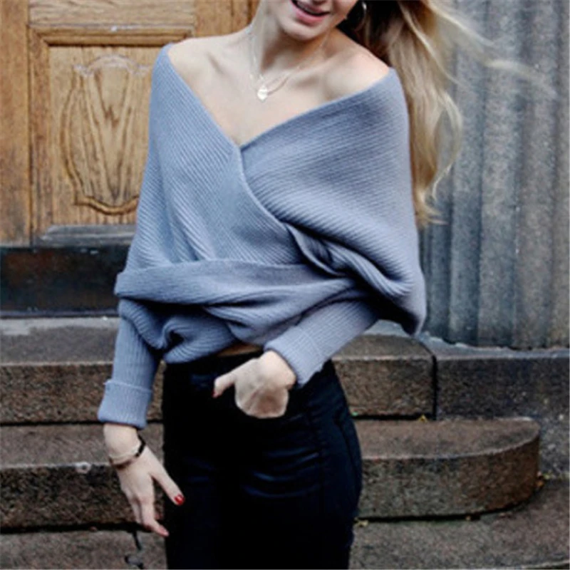 Модный однотонный корейский элегантный серый трикотажный свитер для женщин топы