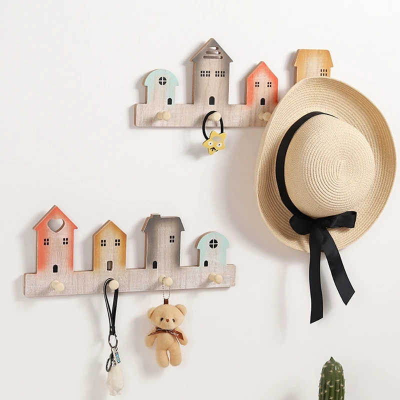 

Cartoon Colorful House 4 Hooks Wall Mounted Coat Rack Wooden Clothes Pegs Smooth Finish Decorative Household Storage