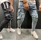 Джинсы из денима в стиле пэчворк мужские брюки-Карандаш Slim Fit байкерские Узкие рваные джинсы брюки для девочек большой боковой карман в полоску в стиле хип-хоп брюки-карго