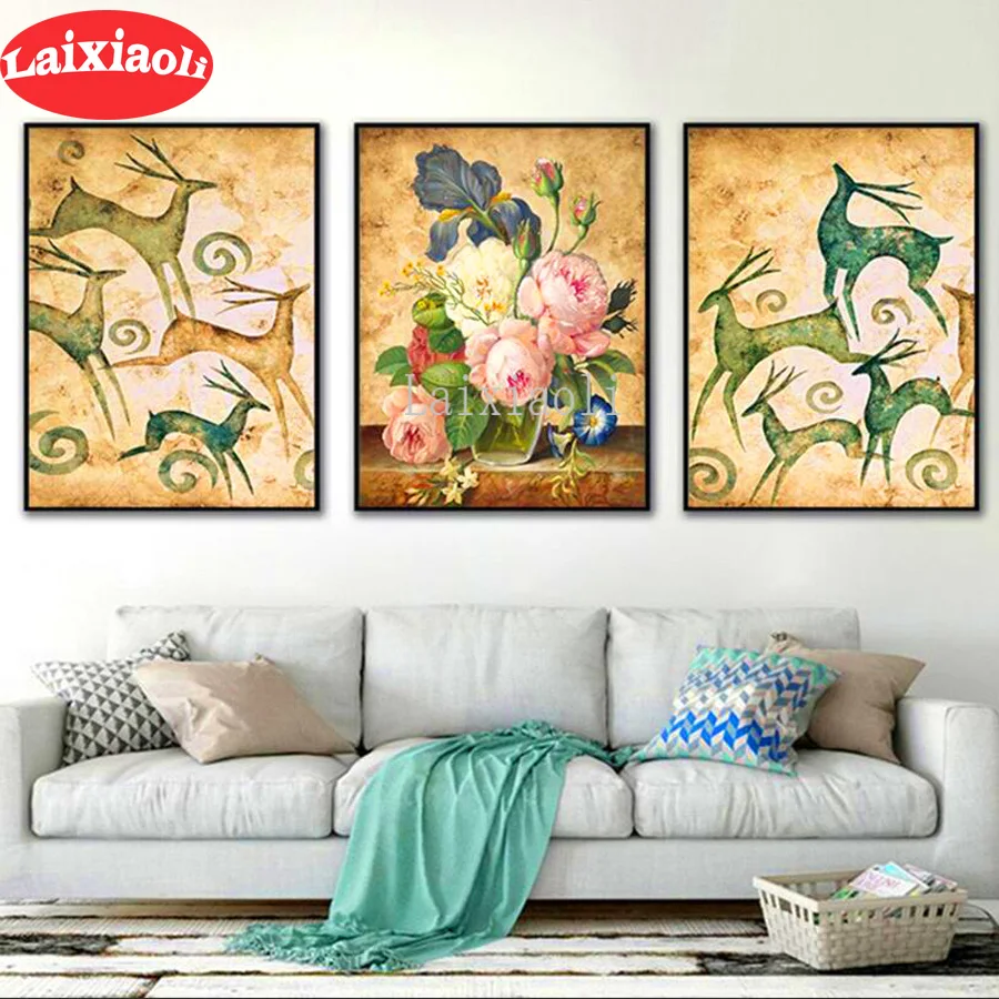 

Diy алмазная живопись 3 шт. пион абстрактный олень Триптих картина Алмазная вышивка современная девушка портрет настенные картины для декора